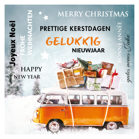 Kerstkaart in winterse sfeer met oldtimer busje