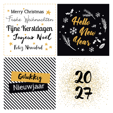 Kerstkaart met jaartal en internationale kerstwensen