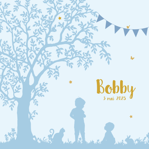 Geboortekaartje met silhouet van boom jongen grote broer en vlaggetjes