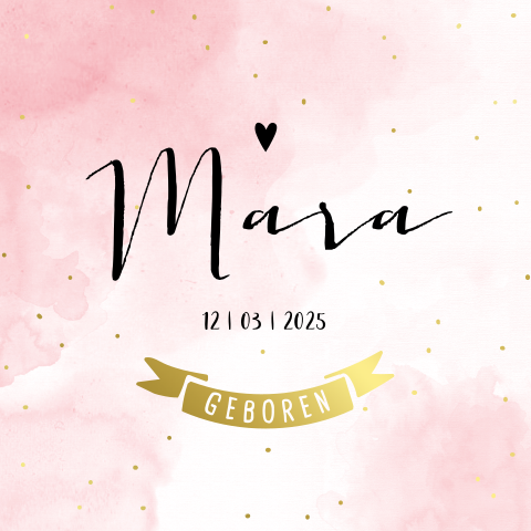 Trendy geboortekaartje met roze watercolor en goudfolie