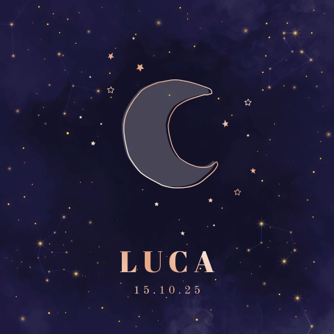 Hip geboortekaartje donkerblauw met maan en sterren in folie