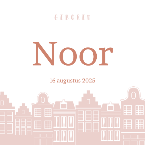 Schattig geboortekaartje met grachtenpandjes roze