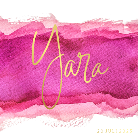 Trendy geboortekaartje felroze watercolor met goudfolie