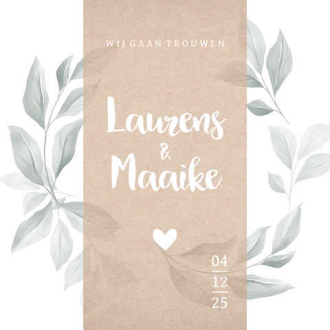 Trendy trouwkaart met kraft en watercolor blaadjes