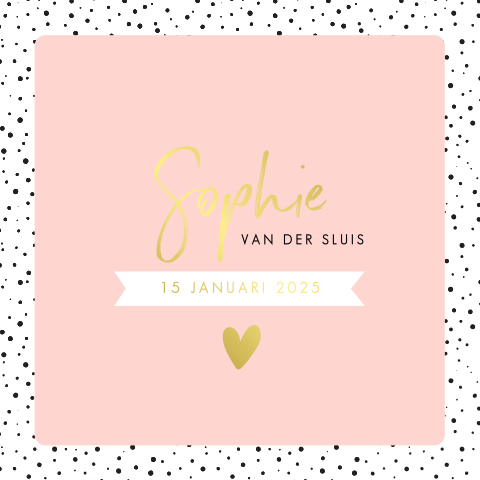 Hip geboortekaartje roze meisje met stipjes rand en goudfolie