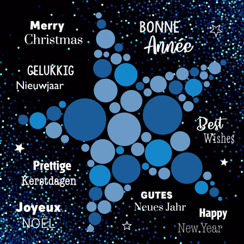 Blauwe kerstkaart met bolletjes in ster vorm