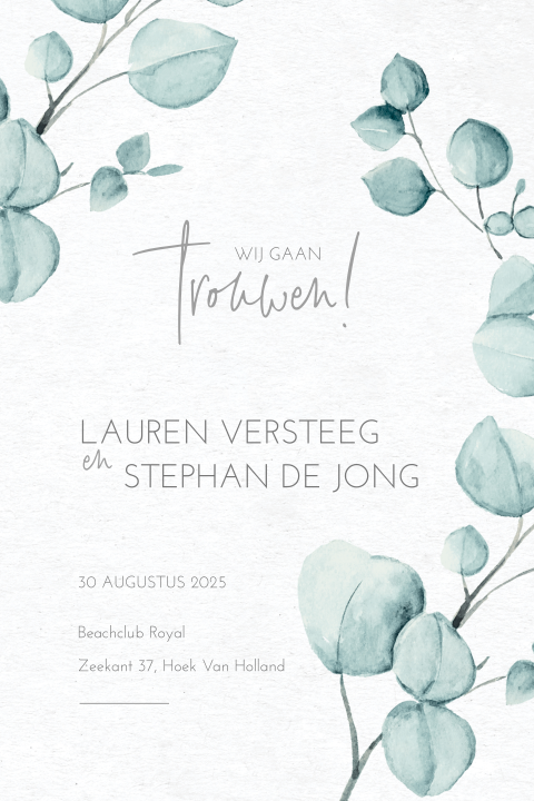 Trouwkaart met eucalyptus takjes in watercolor