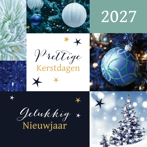 Dubbele kerstkaart met sfeerfoto's in blauwe tinten