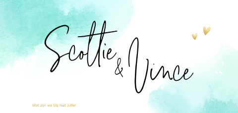 Hip geboortekaartje tweeling met mint watercolor en goudlook hartjes