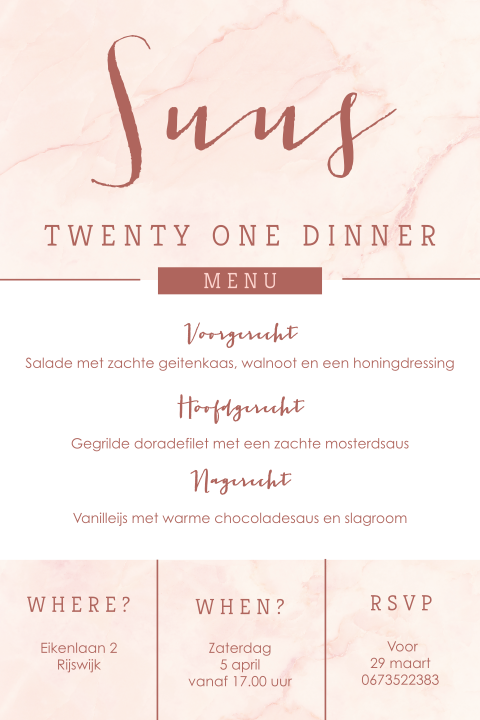 Uitnodiging voor twenty one dinner met menu