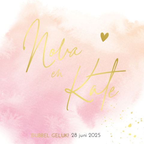 Hip geboortekaartje tweeling meisjes met roze watercolor en goudfolie