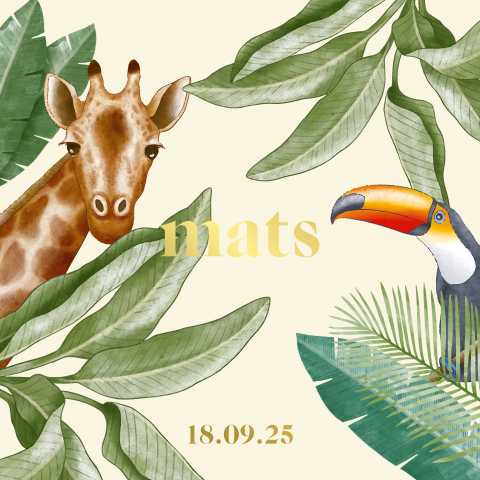 Hip geboortekaartje jungle/botanisch met dieren en goudfolie