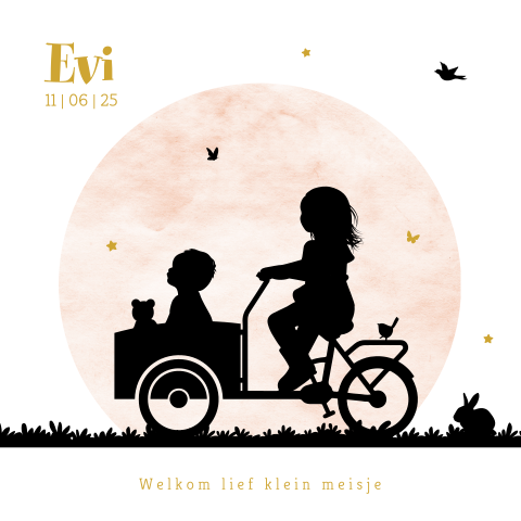 Hip geboortekaartje roze meisje met silhouet zus en bakfiets