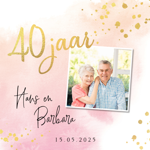 Jubileumkaart watercolor roze 40 jaar getrouwd goudfolie look