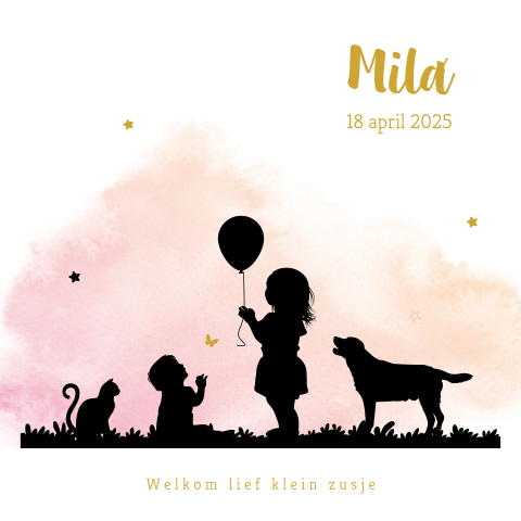 Geboortekaartje roze met silhouet van grote zus met zusje en ballon