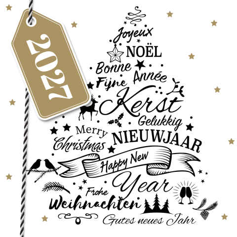 Dubbele kerstkaart met internationale tekst en label