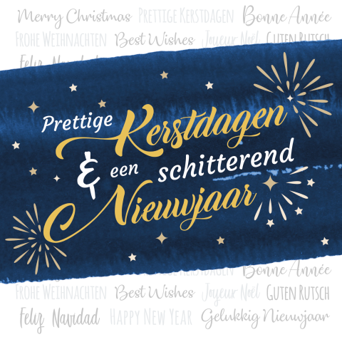 Kerstkaart met internationale teksten en aquarel streep