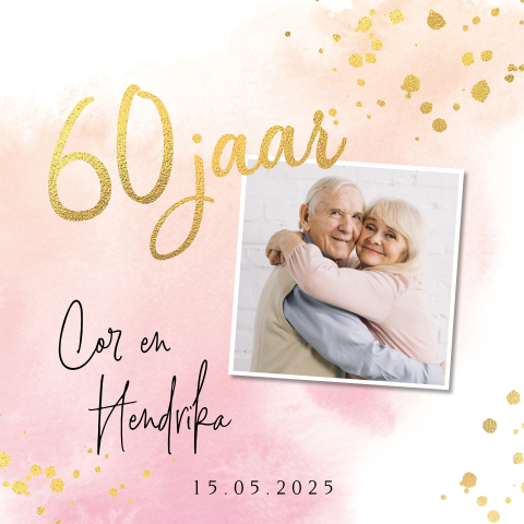 Jubileumkaart watercolor roze 60 jaar getrouwd goudfolie look