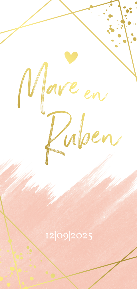 Staande trouwkaart met roze watercolor en goudfolie