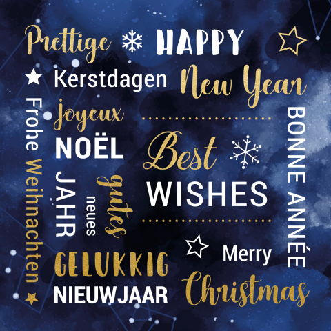 Moderne blauwe kerstkaart met teksten internationaal in goudfolie look