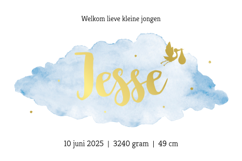 Geboortekaartje blauwe watercolor wolk en goudfolie voor een jongen