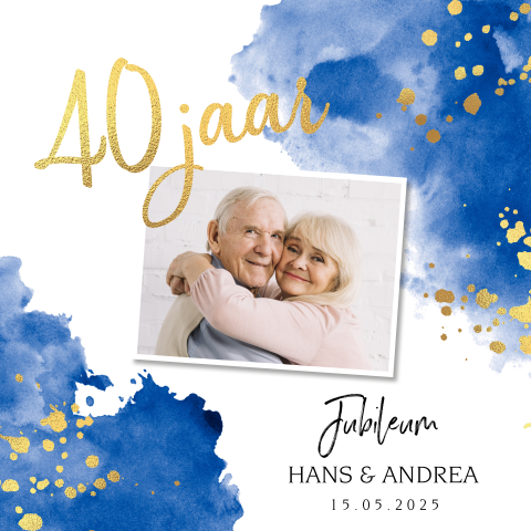 Jubileumkaart watercolor blauw 40 jaar getrouwd goudfolie look