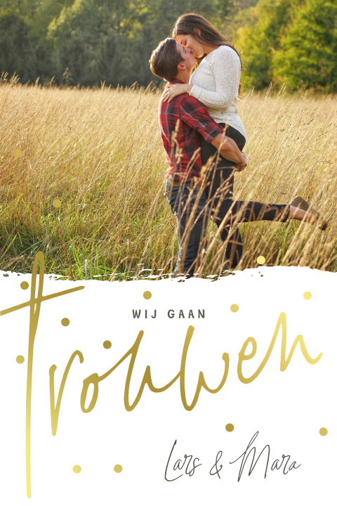 Enkele trouwkaart met eigen foto en goudfolie