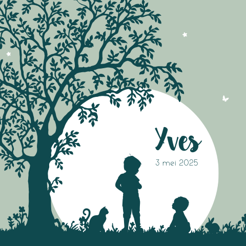 Groen geboortekaartje met silhouet van boom met grote broer en baby
