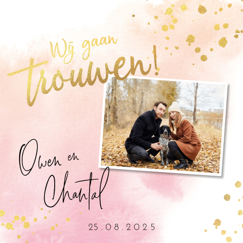 Trouwkaart watercolor roze goudfolie look met foto