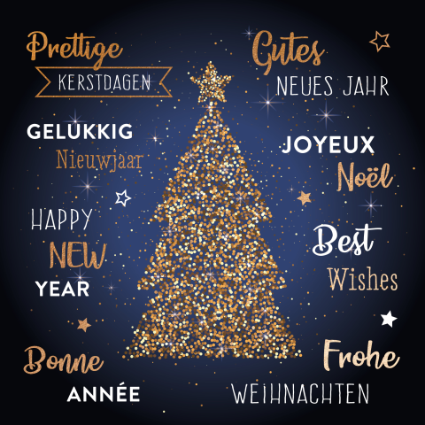 Donkerblauwe kerstkaart met goudfolie look kerstboom en teksten