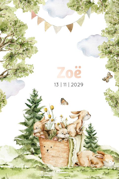 Geboortekaartje met watercolor bosdieren konijnen met rosé folie