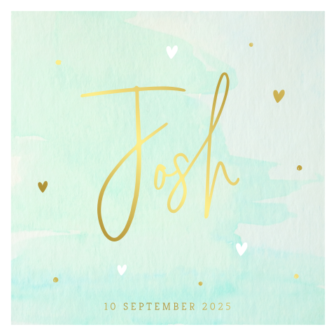 Hip geboortekaartje voor een jongen met mint watercolor en goudfolie