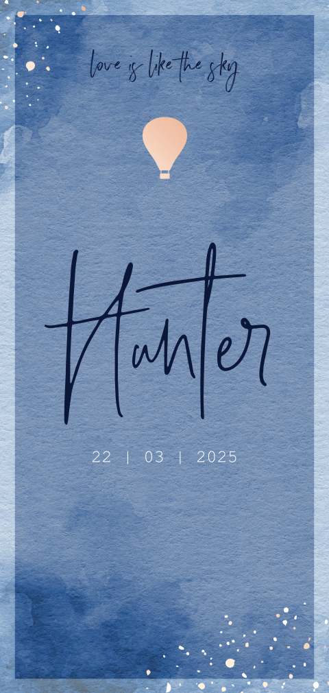 Hip geboortekaartje jongen met blauwe watercolor en folie