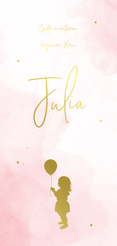 Geboortekaartje roze watercolor silhouet meisje ballon goudfolie