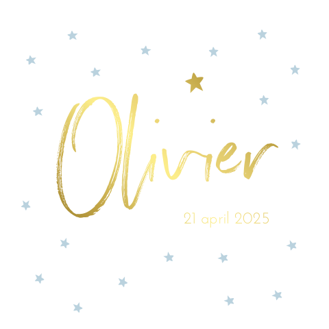 Lief geboortekaartje met blauwe sterretjes en goudfolie