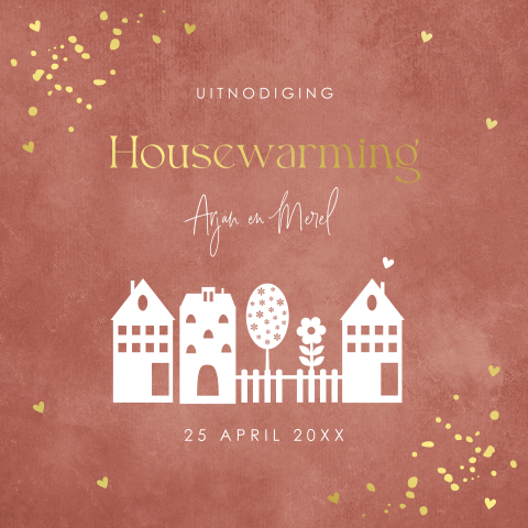 Housewarming uitnodiging terracotta huisjes goudfolie