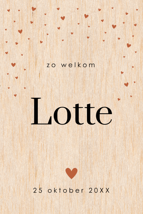 Geboortekaartje echt hout hartjes rustig clean