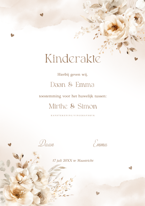 Kinderakte huwelijk bloemen beige peonies