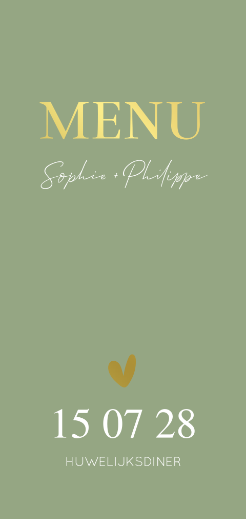 Menukaart huwelijk langwerpig olijfgroen goudfolie