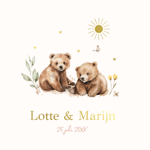 Geboortekaartje tweeling beertjes goudfolie