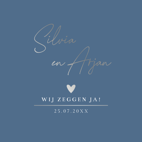 Stijlvolle trouwkaart blauw met luxe zilverfolie