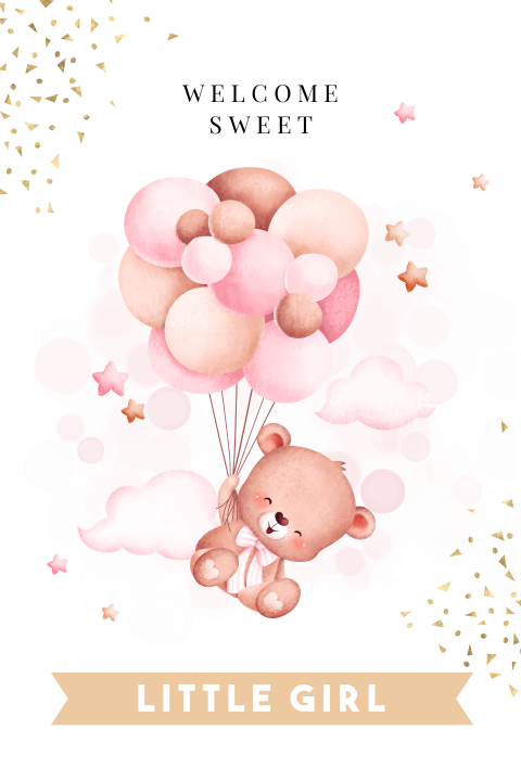 Felicitatiekaart geboorte meisje baby beertje roze ballonnen