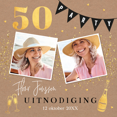 Uitnodiging verjaardag 50 jaar met foto kraft bruin slinger goud vrouw