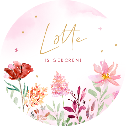 Raamsticker geboortekaartje bloemen roze rond