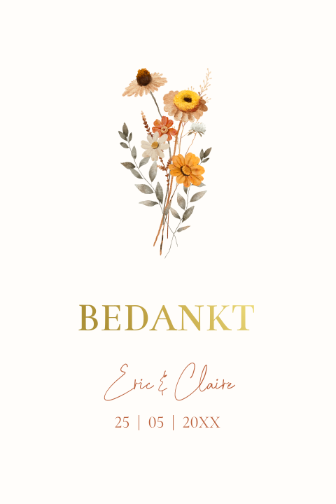 Bedankkaart huwelijk bloemen boeket goudfolie