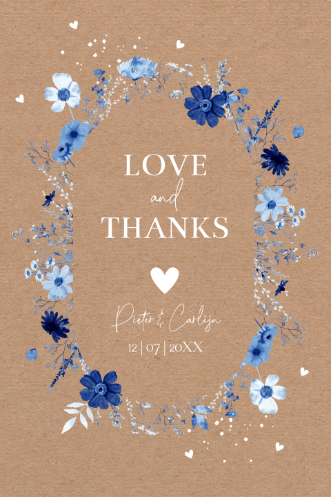 Bedankkaart huwelijk blauw bloemen kraft look