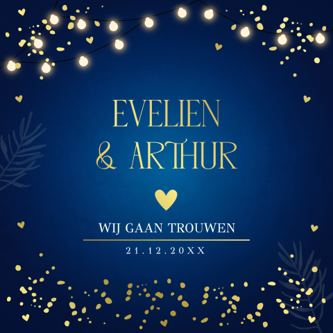 Trouwkaart blauw christmas wedding lampjes goudfolie