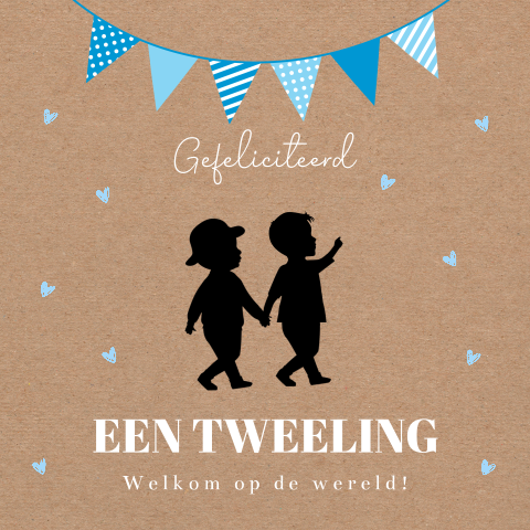 Felicitatie kaart geboorte tweeling jongens silhouet slinger blauw
