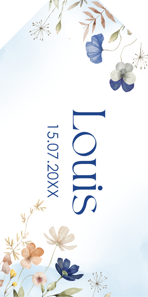 Communie labeltje jongen blauw bloemen