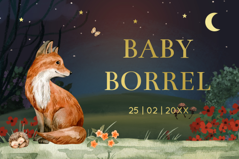 Babyborrel kaartje met vosje bij nacht goudfolie